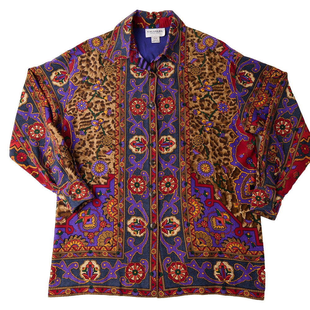 Vtg Emanuel Ungaro Womens 4 Silk Blouse Baroque Leopard Print Maximalist 90s Art